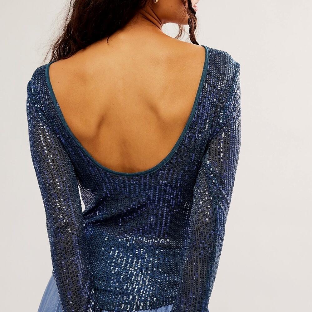 Free People Unapologetic Sequin Long Sleeve Varsity Navy Multiple Sizes - Picture 2 of 8